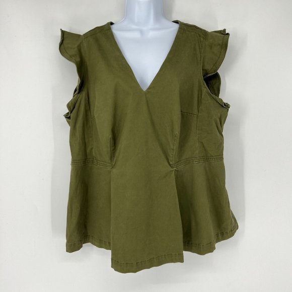 Lane Bryant Plus Size 20 Army Green Flutter Sleeve Canvas Peplum V-Neck Top Blou - Picture 2 of 11